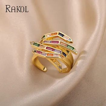 RAKOL Personality Разноцветные прямоугольные кольца с цирконием для женщин из нержавеющей стали, регулируемое открытое кольцо, модный дизайн ювелирных изделий