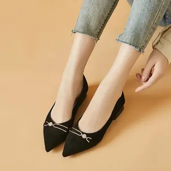 Женская летняя обувь с кристаллами Женская обувь 2023 года с острым носком и бриллиантами Черная Элегантная офисная повседневная со стразами на низком каблуке