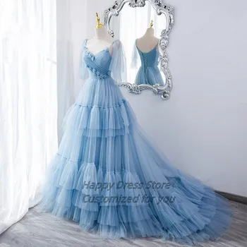 Женское вечернее плиссированное многоуровневое платье из тюля с цветами ручной работы, длинное праздничное платье для официальных мероприятий 2023, Элегантные вечерние платья синего цвета