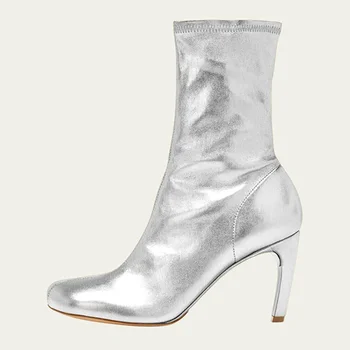 осень-зима 2023, роскошные брендовые пинетки с квадратным носком, большие размеры 43, женские ботильоны из микрофибры на тонком высоком каблуке, женская обувь
